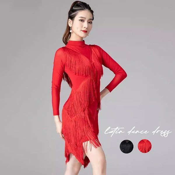社交ダンス ラテンドレス ワンピース ダンス衣装 演技服 透け感 装飾あり 練習着 長袖 ワルツ チャチャチャ ラテン ステージ衣装 演出着 演出用 フリンジ 黒 赤グローリーパーク