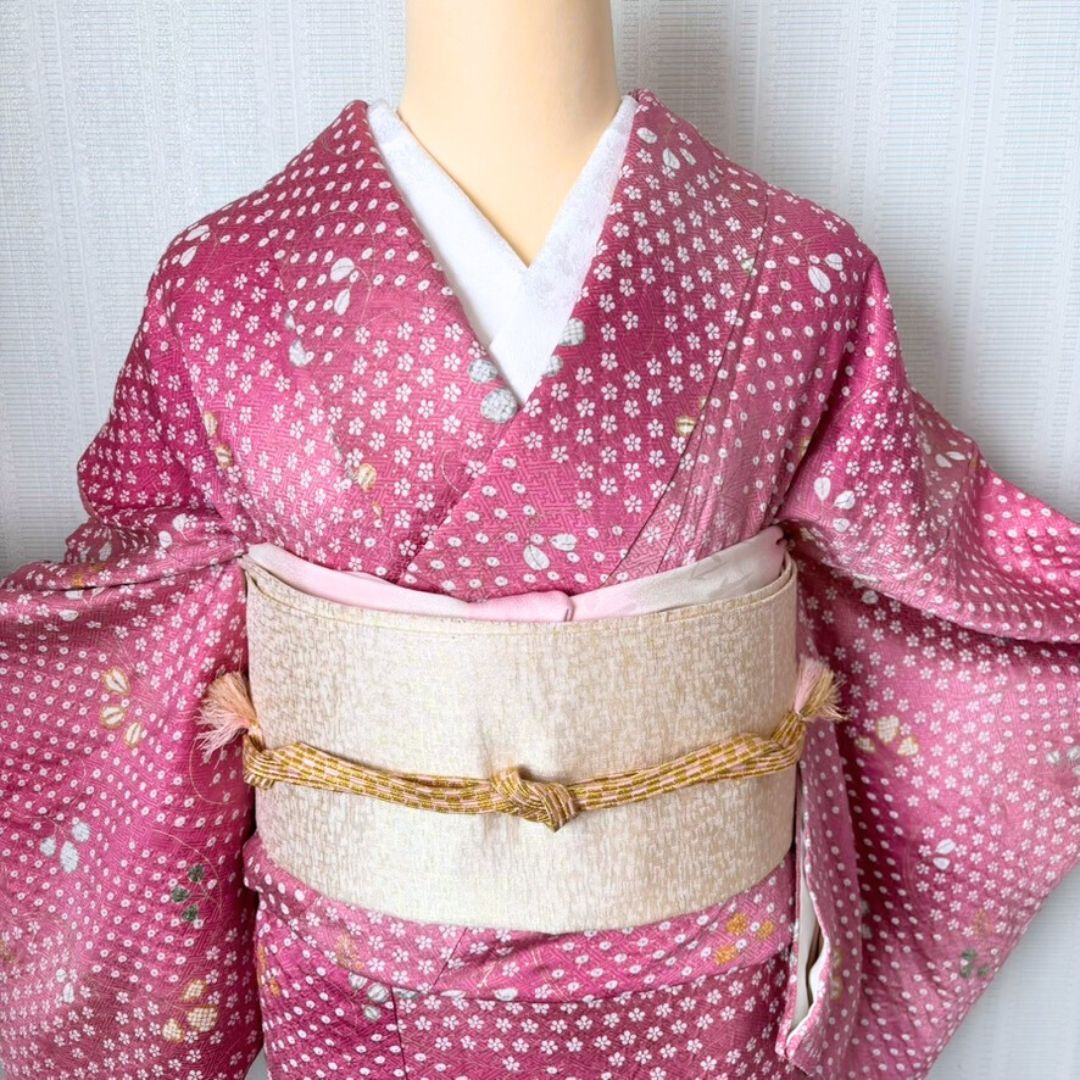 美品 小紋 5点 フルセット ピンク地 金彩入り｜長襦袢 袋帯 帯揚げ