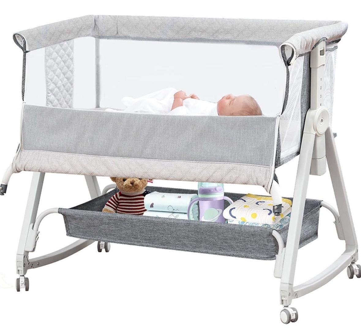 ベビーベッド 添い寝ベッド グレー 乳児用ベッド 多機能 高さ6段階調節 キャスター付き 組み立て簡単 ゆりかご機能付き ベビーラック 通気性 新生児ベッド 出産祝い 0ヶ月～24ヶ月対応