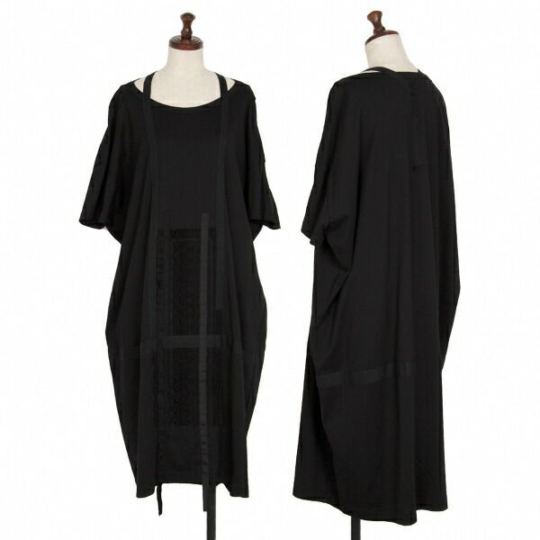 ワイズY's フロントレース装飾半袖天竺ワンピース ストア 黒2 ワイズ