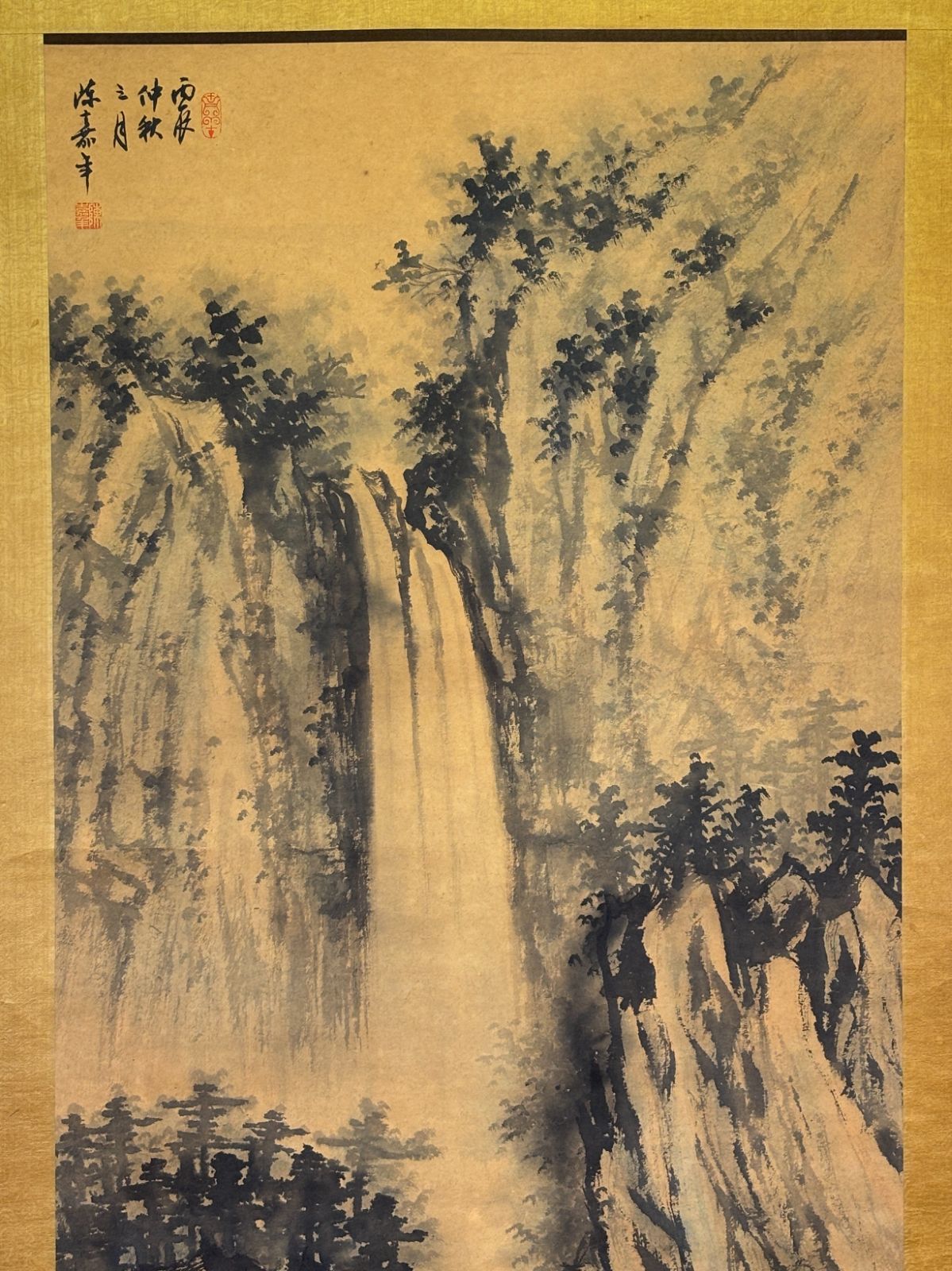 中国画 雄大な滝の図 陳嘉年作 山水画 和室/茶室/床の間 インテリア