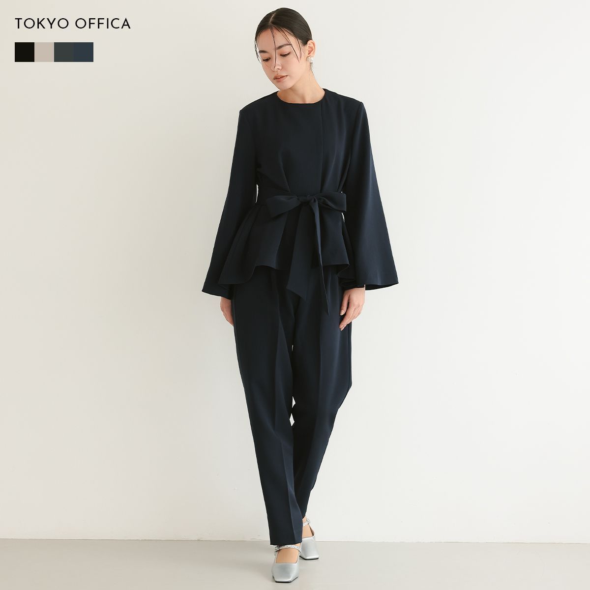 スーツ セットアップ レディース ラウンドネック サッシュベルト ペプラム フ スリーブ テーパードパンツ フォーマル オケージョン 125605