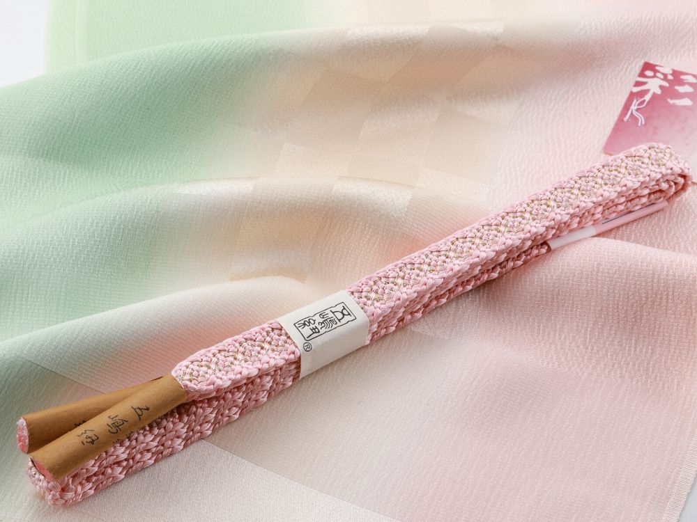 お洒落 江戸組紐 五嶋紐 正絹 帯締め 友禅加工 帯揚げ 2点セット ピンク系 as-148-P