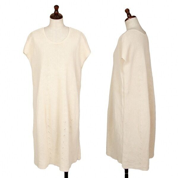 美品 HaaT ISSEY MIYAKE ハート サイドジップ 半袖 ニットワンピース レディース グレー ピンクステッチ 2 イッセイミヤケ　Haat　ニットドレス