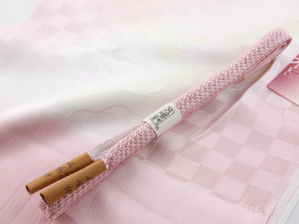 お洒落 江戸組紐 五嶋紐 正絹 帯締め 友禅加工 帯揚げ 2点セット ピンク系 as-148-Q