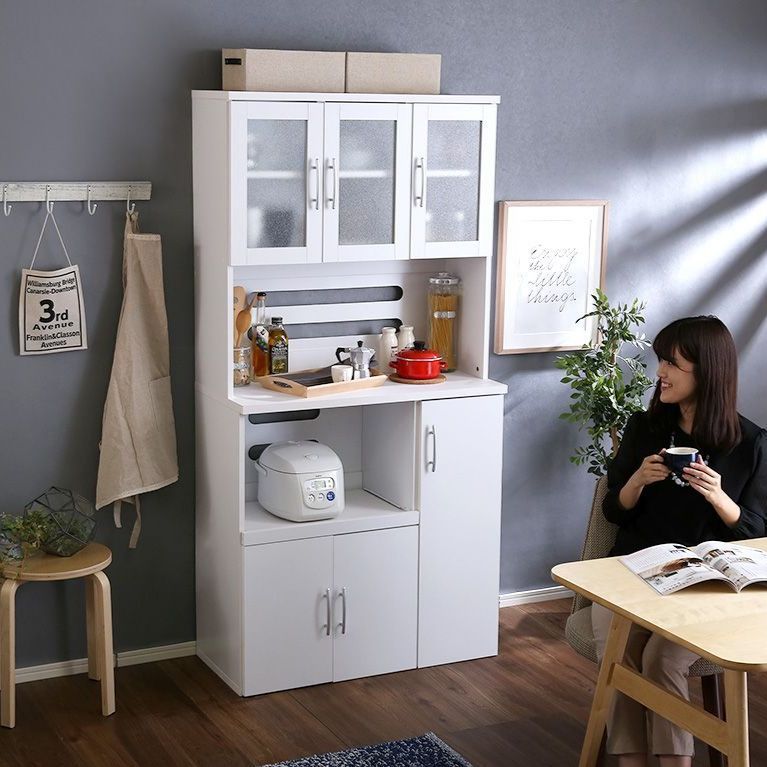 大容量 キッチンボード ホワイト 幅90 cm 食器棚 キッチン収納 キッチンカウンター レンジ台 レンジボード