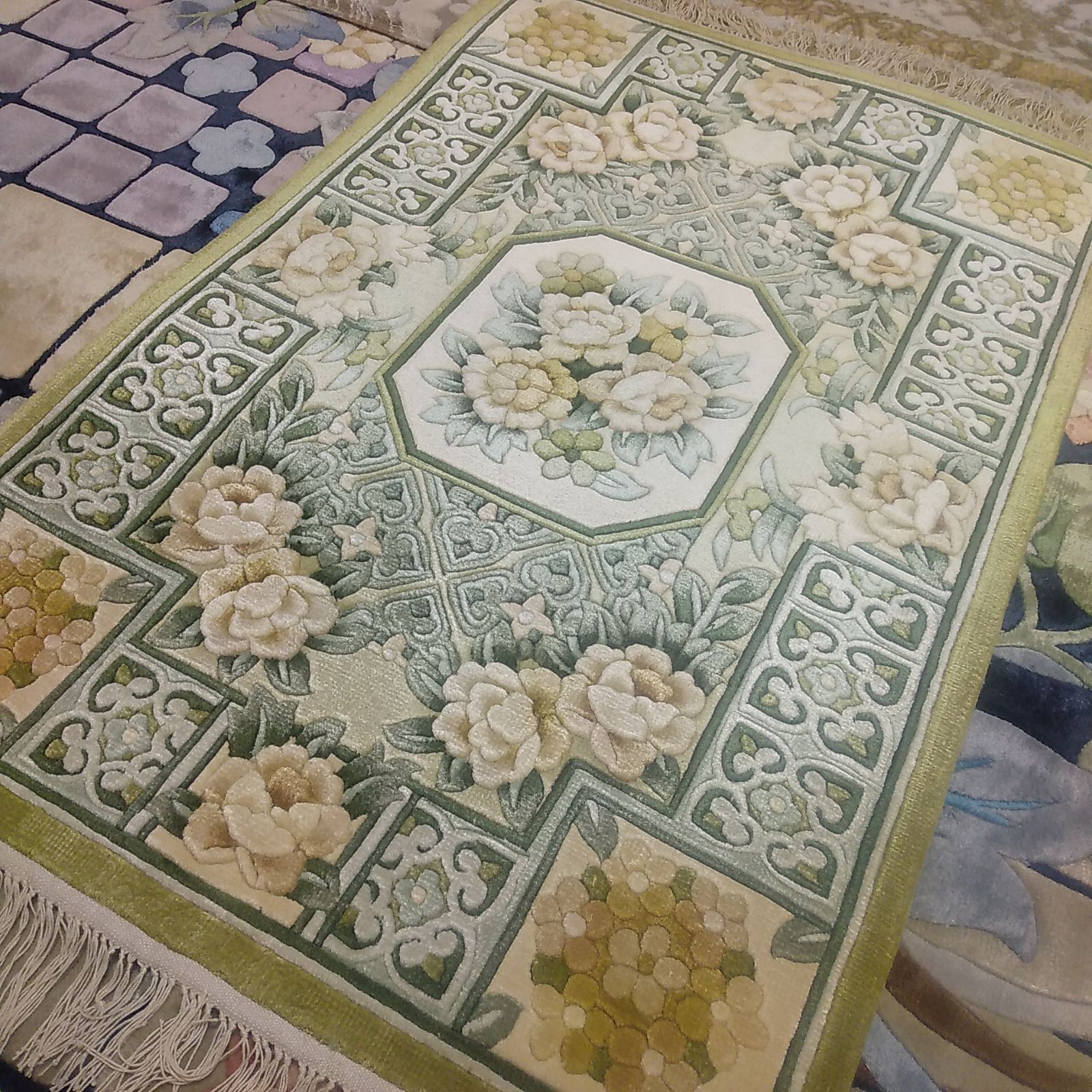 緞通 玄関マット 段通 手織シルク緞通 大きいマット 新品 未使用