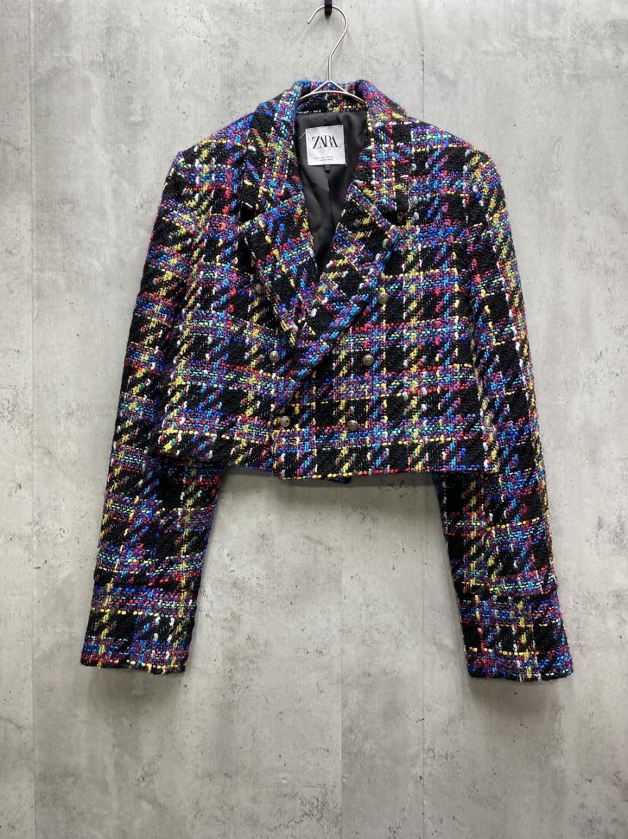 美品 ZARA ザラ ツイードジャケット ダブル ショート丈 チェック 千鳥