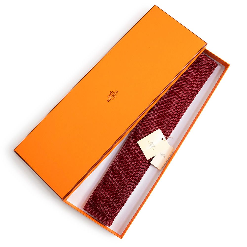 エルメス CRAVATE TRICOT DE SOIE ユニ ニットタイ Hロゴ 刺繍 6 CM ネクタイ シルク100％ ボルドー ルージュ レッド HERMES