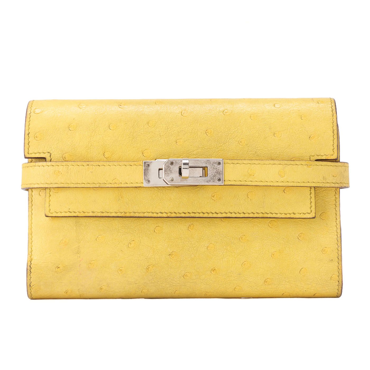 HERMES エルメス ケリーウォレット 2つ折り長財布 ミディアム オーストリッチ ジョーヌナプル JanueNaples シルバー金具 レディースウォレット レディース長財布