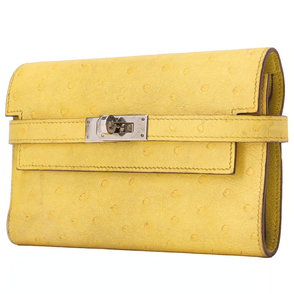 HERMES エルメス ケリーウォレット 2つ折り長財布 ミディアム オーストリッチ ジョーヌナプル JanueNaples シルバー金具 レディースウォレット レディース長財布