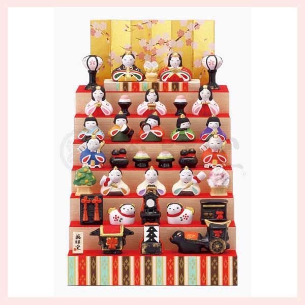 錦彩 花かざり雛 七段飾り 化粧箱入り ◎ 目～大幅値引き対象商品 陶器 置物 ひなまつり 雛祭り 飾り段は3分割 5段と2段に組み替え
