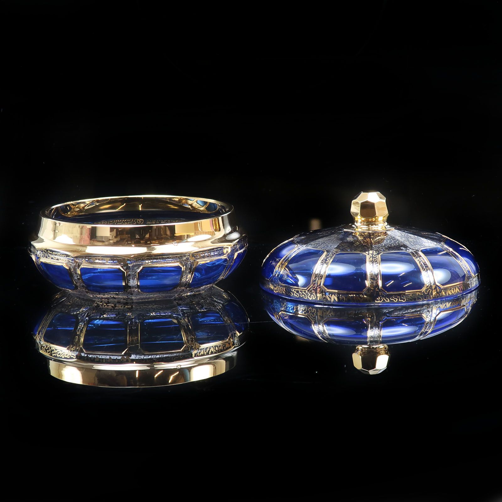 Moser】モーゼル ボヘミアンガラス 金彩 蓋物 ( キャンディディッシュ