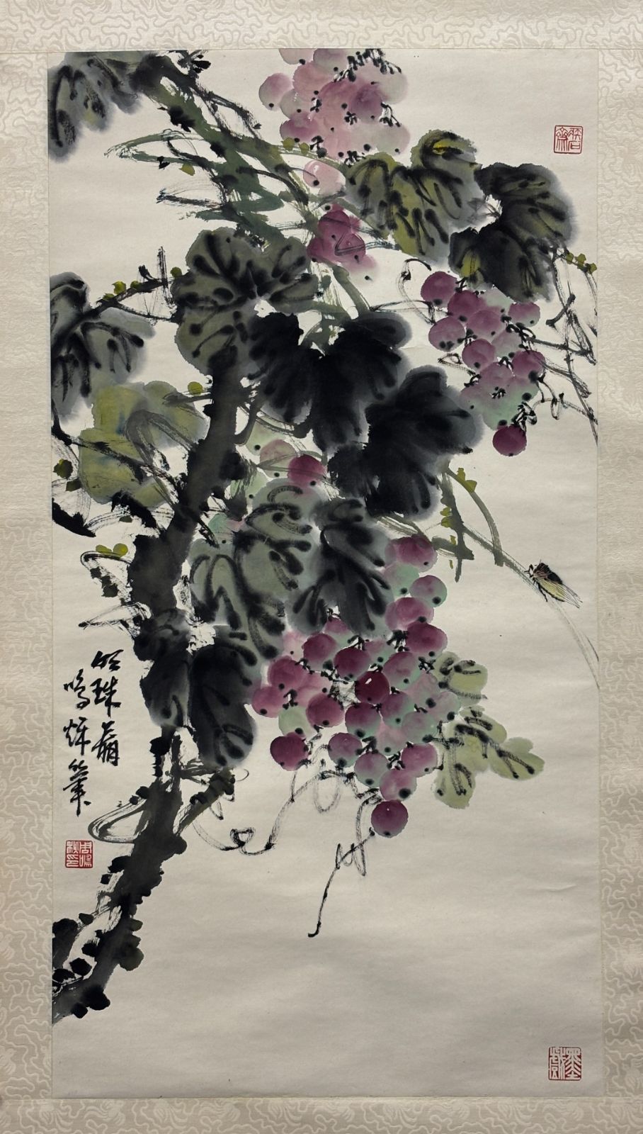 中国画 周鳴秋 花鳥図 明珠図 立軸 墨戯 和室 茶室 インテリア