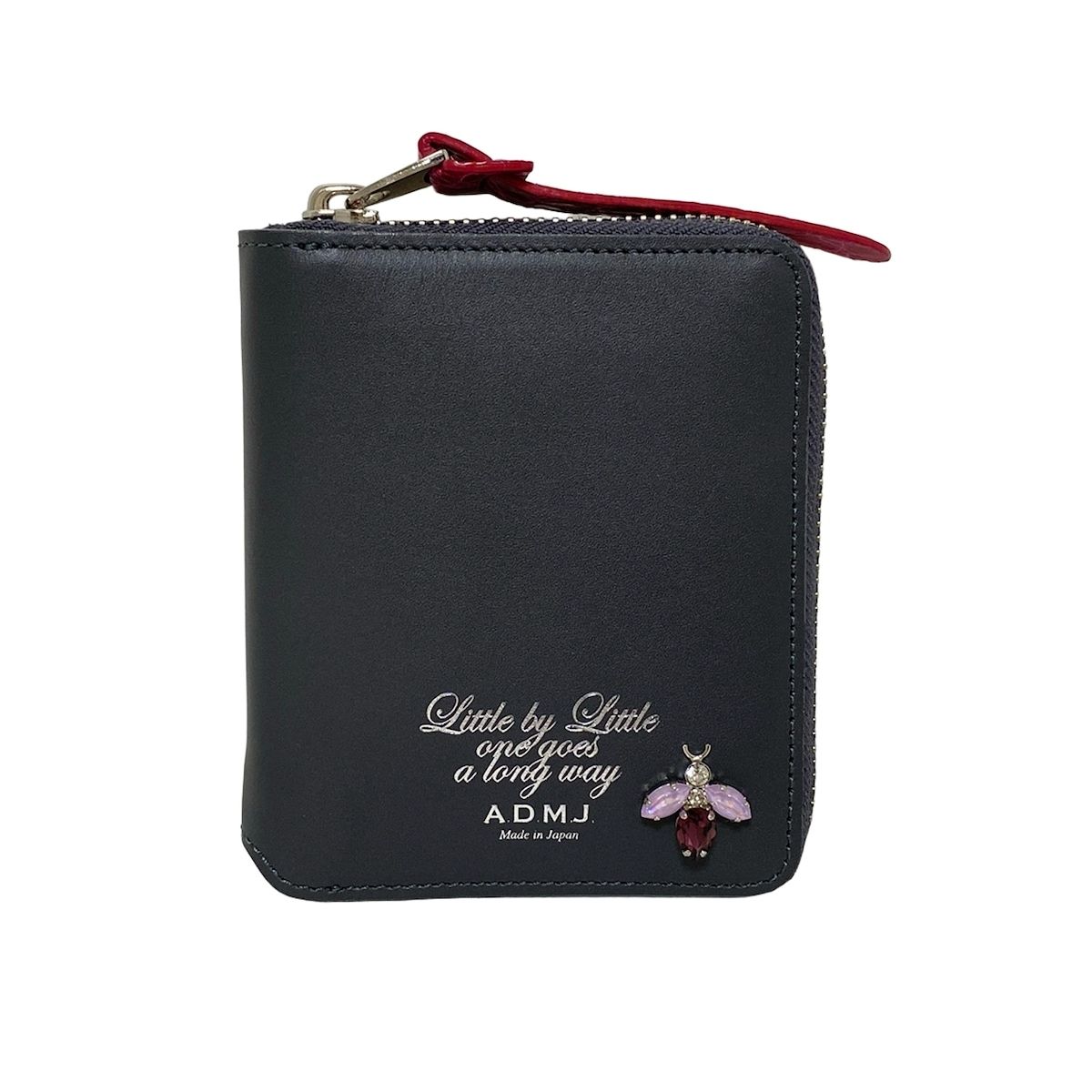 アクセソワ ドゥ マドモワゼル 2つ折り財布 - ダークグレー×ピンク ラウンドファスナー|ビー 蜂 |スワロフスキークリスタル レザー