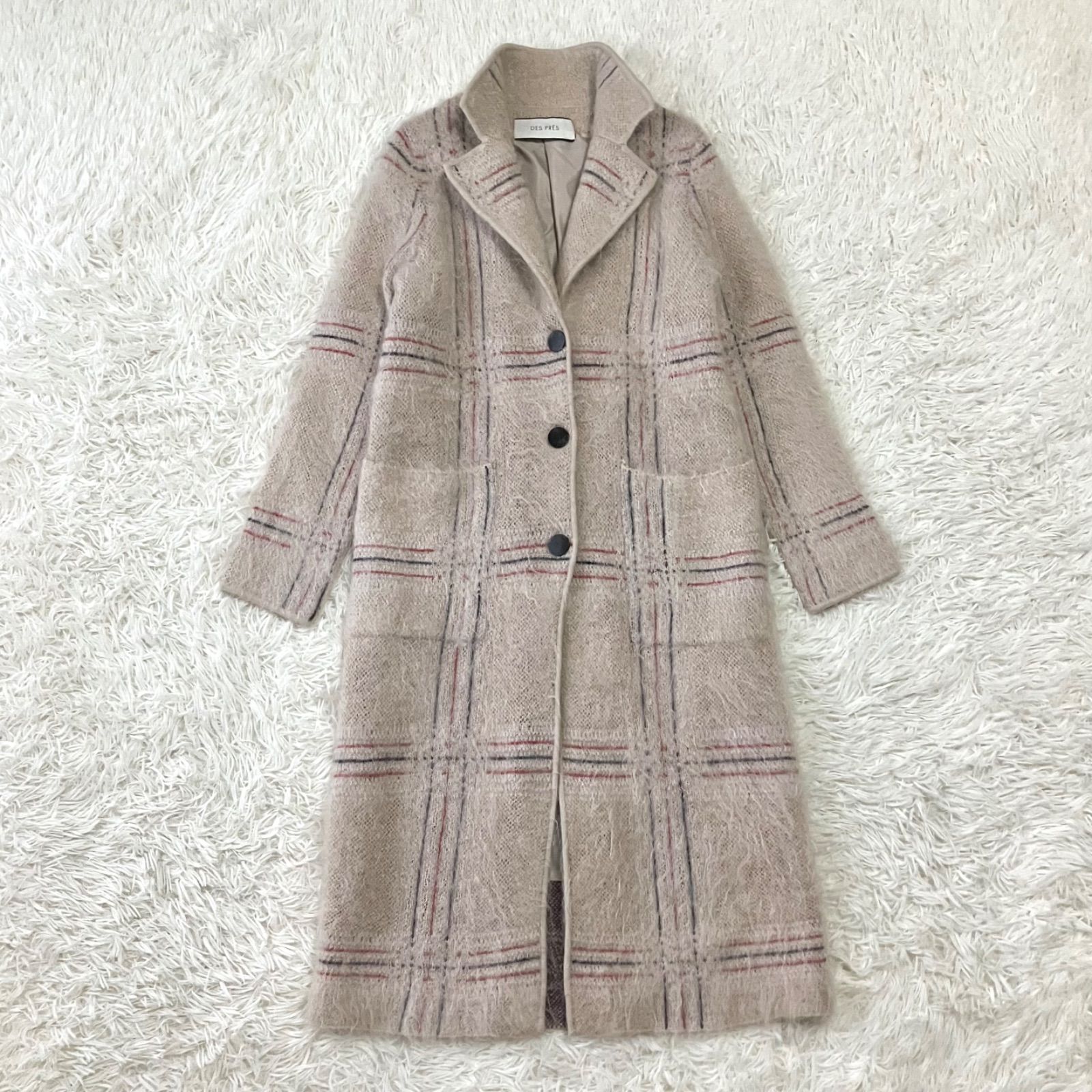 DES PRES モヘアシャギーのニットコート ロングコート チェック柄