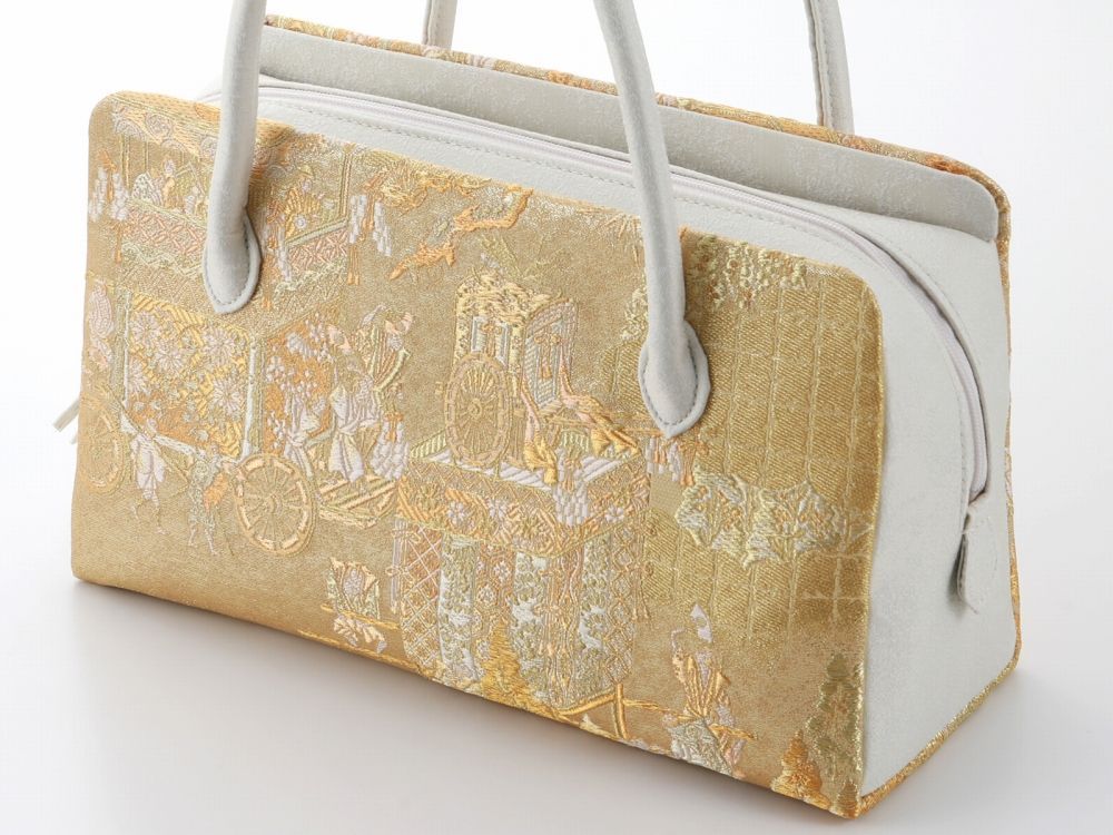 西陣織 帯地 正絹 利休バッグ 手提げ ハンドバッグ ベージュ系 ゴールド ri-265-K