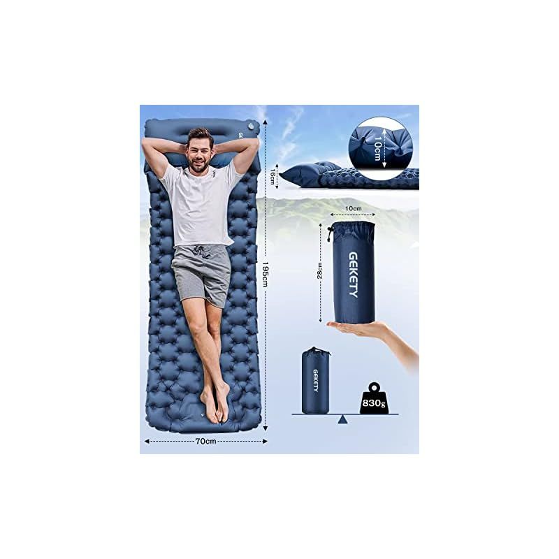 GEKETY エアーマット キャンプ マット 約10 CM厚さ 足踏み式 無限 枕付き エアマット アウトドア 車中泊 防災 来客用 テント キャンプ用品 厚手 防水防潮 マットレス 軽量 コンパクト 持ち運び簡単 簡単収納 収納袋付き