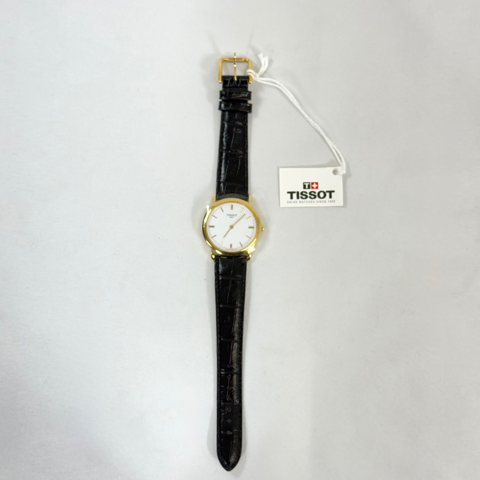 稼働 TISSOT ティソ 1853 ラウンド QZ クォーツ レザーベルト 腕時計 ウォッチ T 52.6.421.11 白文字盤 き ホワイト ゴールド ブラック SS ステンレス メンズ レディース