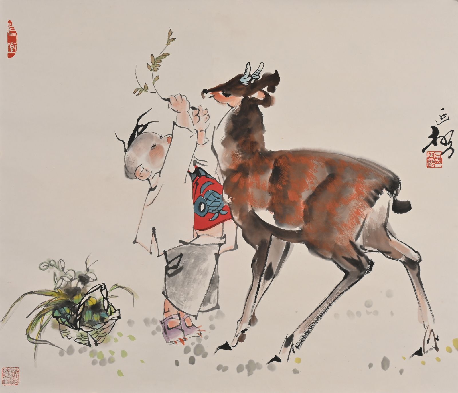 水墨画】李延聲《牧童》/ 中国著名画家 / 子鹿と少年 / 絹本 彩色