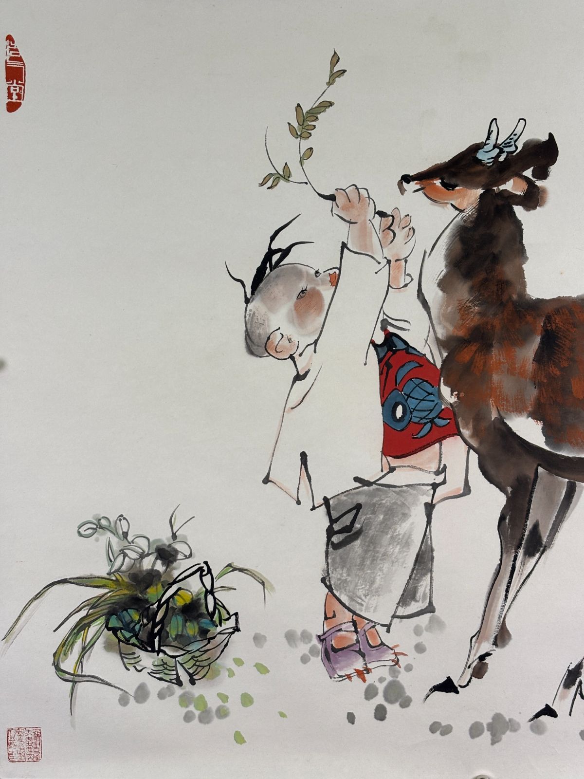 水墨画】李延聲《牧童》/ 中国著名画家 / 子鹿と少年 / 絹本 彩色