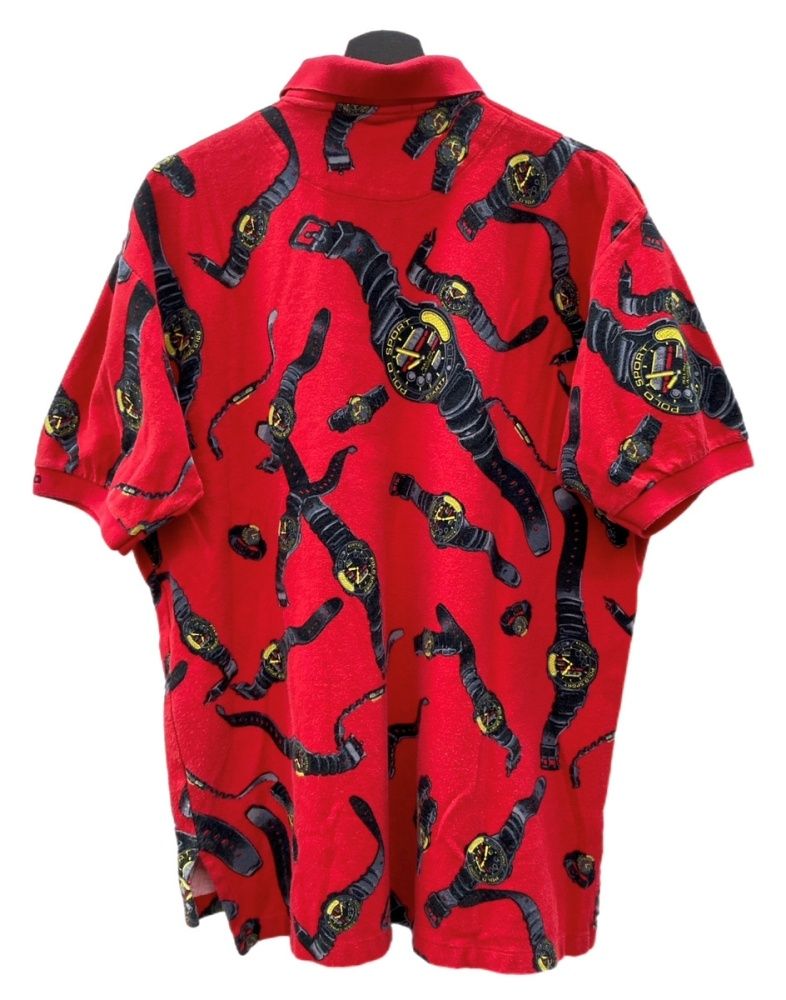 ラルフローレン RalphLauren POLO SPORT 90 s CLOCK SHIRT クロック ポロ シャツ 腕時計 半袖 赤 半袖ポロシャツ 総柄 レッド Lサイズ 104 MT-2350