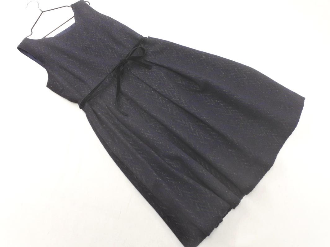 BLUE LABEL ブルーレーベル クレストブリッジ ウール混 総柄 ウエストリボン ワンピース size 38|濃紺 ◎レディース