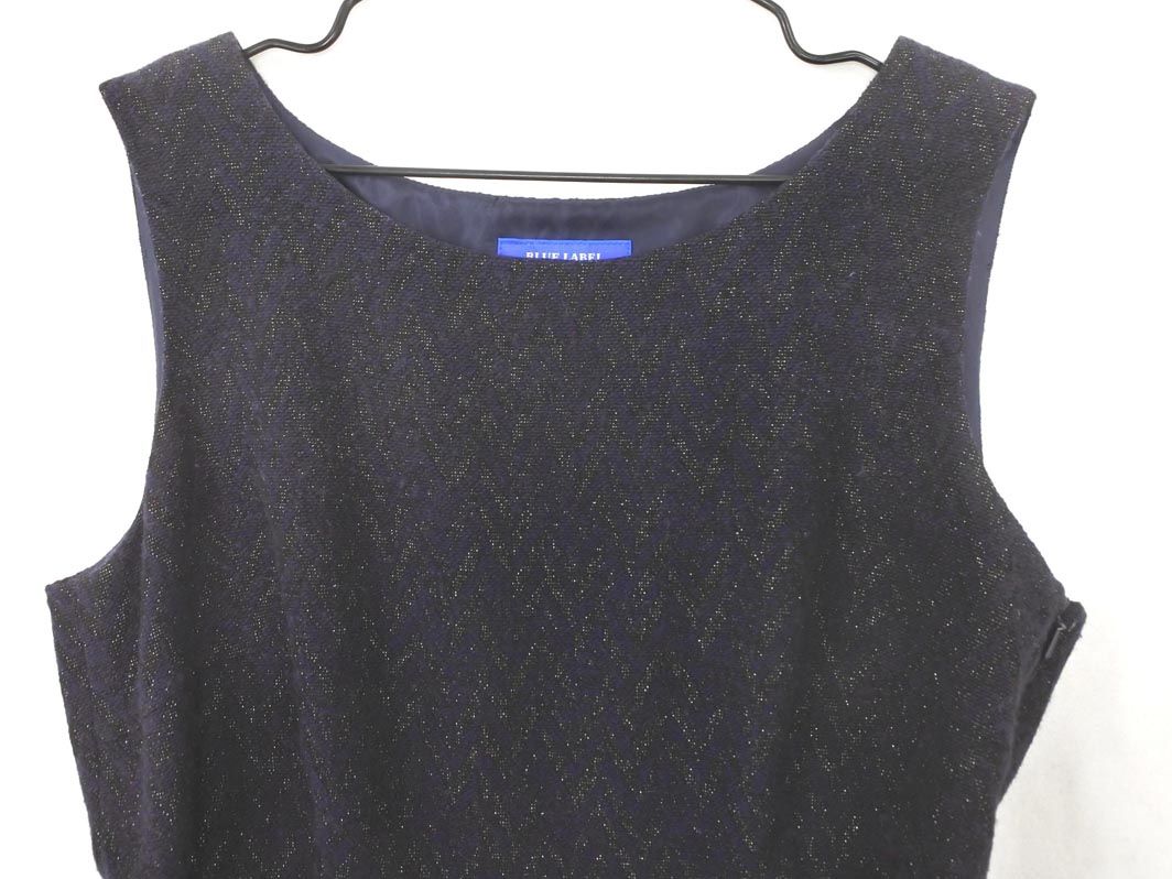  BLUE LABEL ブルーレーベル クレストブリッジ ウール混 総柄 ウエストリボン ワンピース size 38 濃紺 レディース ノースリーブ ミニワンピース