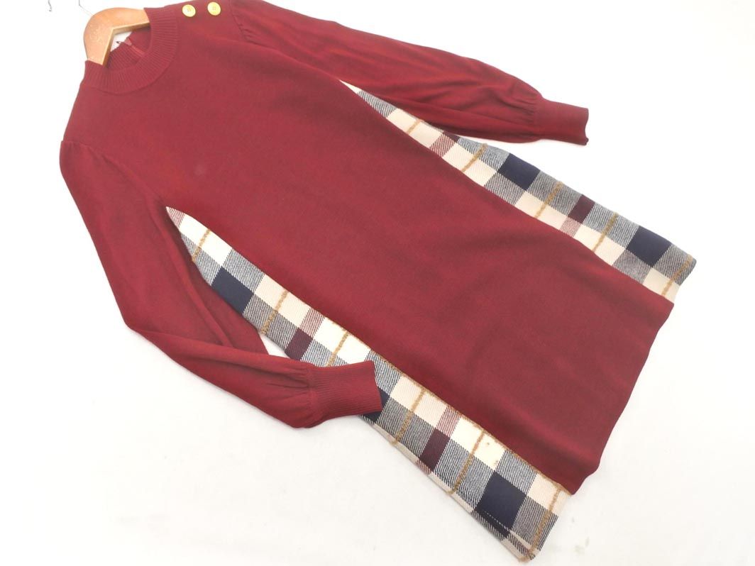 BLUE LABEL ブルーレーベル クレストブリッジ ウール混 サイドチェック ニット Iライン ワンピース size 36|赤 ◎レディース