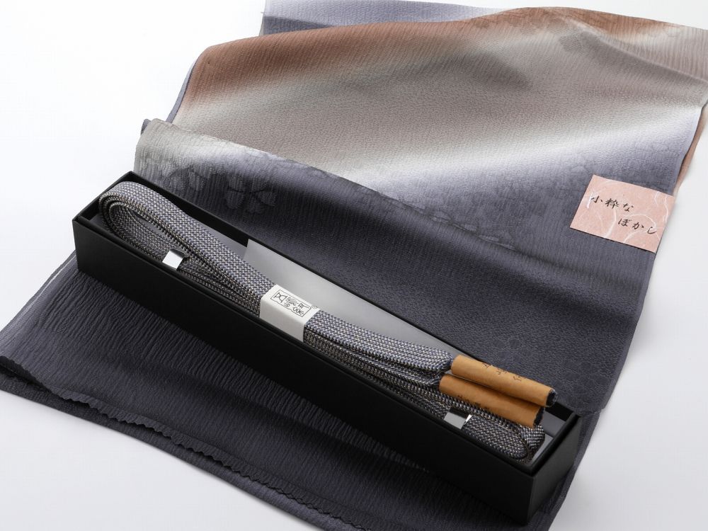 お洒落 江戸組紐 五嶋紐 正絹 帯締め ぼかし 帯揚げ 2点セット 濃グレー系 go 141 65