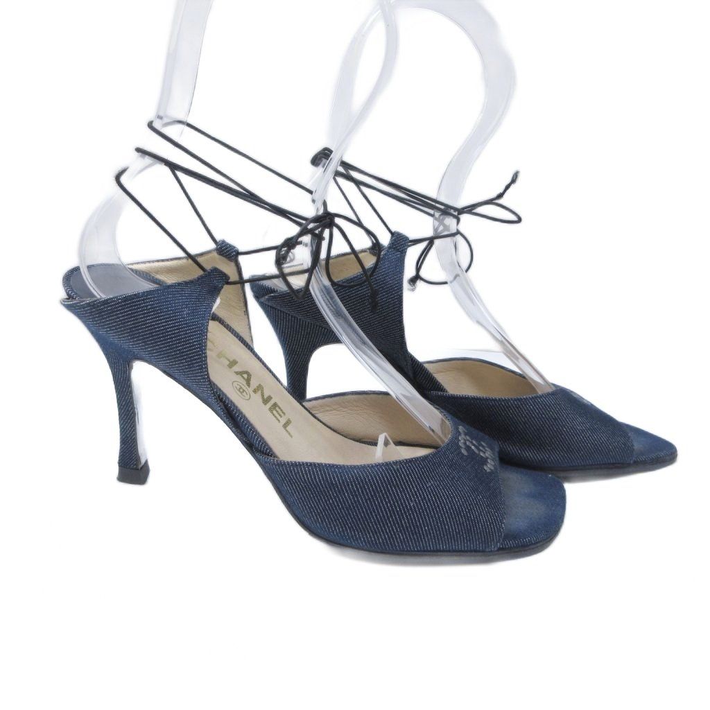 シャネル CHANEL ココマーク サンダル スタッズ デニム レースアップ