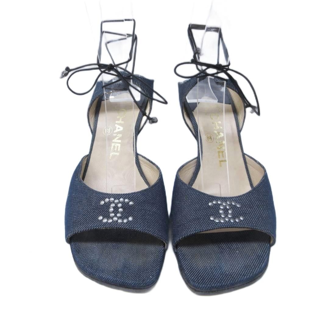 シャネル CHANEL ココマーク サンダル スタッズ デニム レースアップ