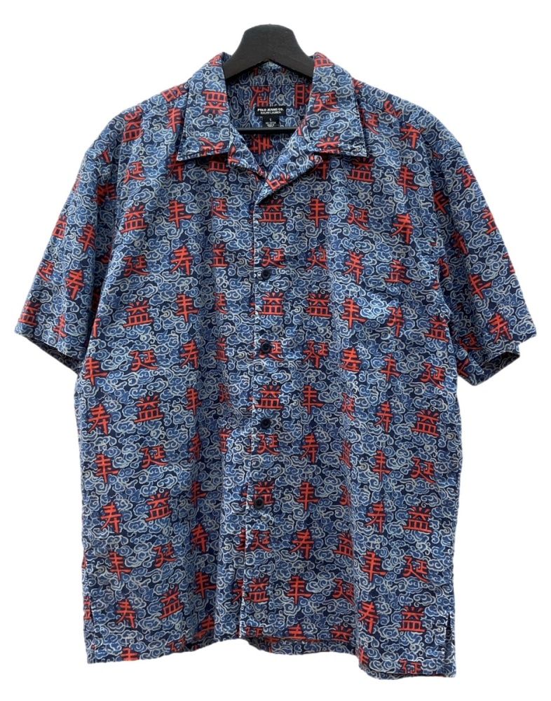 ラルフローレン RalphLauren POLO JEANS 90 s 00 OPEN COLLAR SHIRT オープン シャツ アロハ パートナー21 和柄 開襟 漢字 半袖 青 半袖シャツ 総柄 ブルー Sサイズ 104 MT-2351