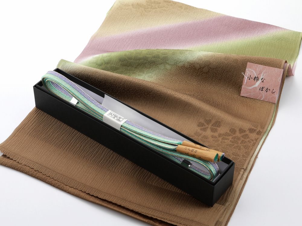 お洒落 江戸組紐 五嶋紐 正絹 帯締め ぼかし 帯揚げ 2点セット 金茶系 go-141-64