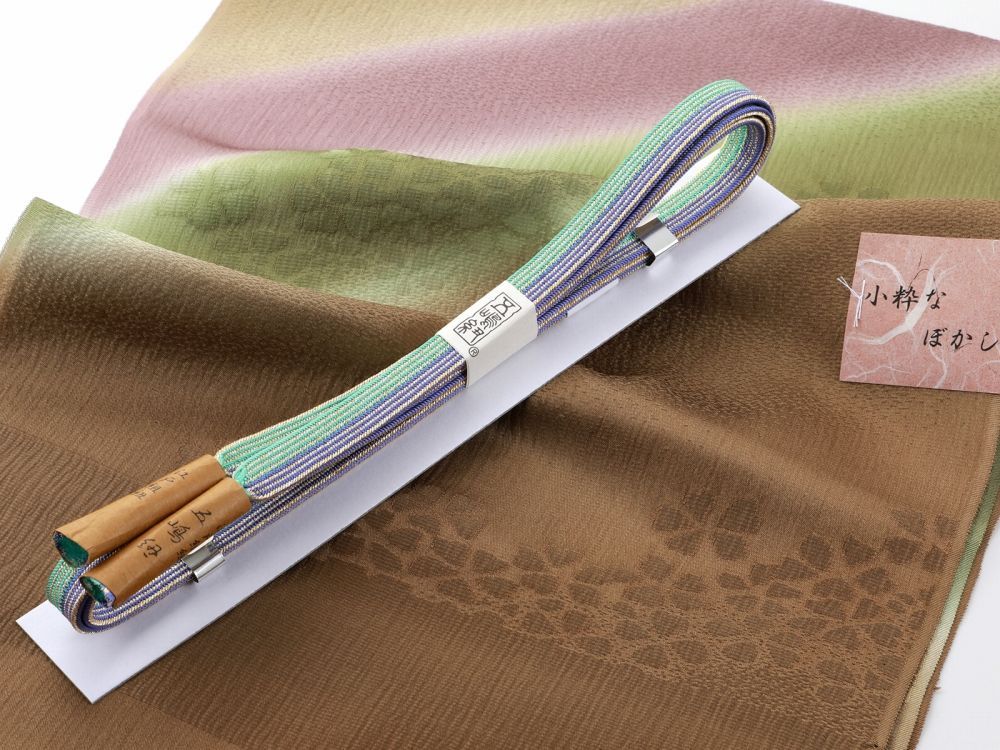 お洒落 江戸組紐 五嶋紐 正絹 帯締め ぼかし 帯揚げ 2点セット 金茶系 go-141-64