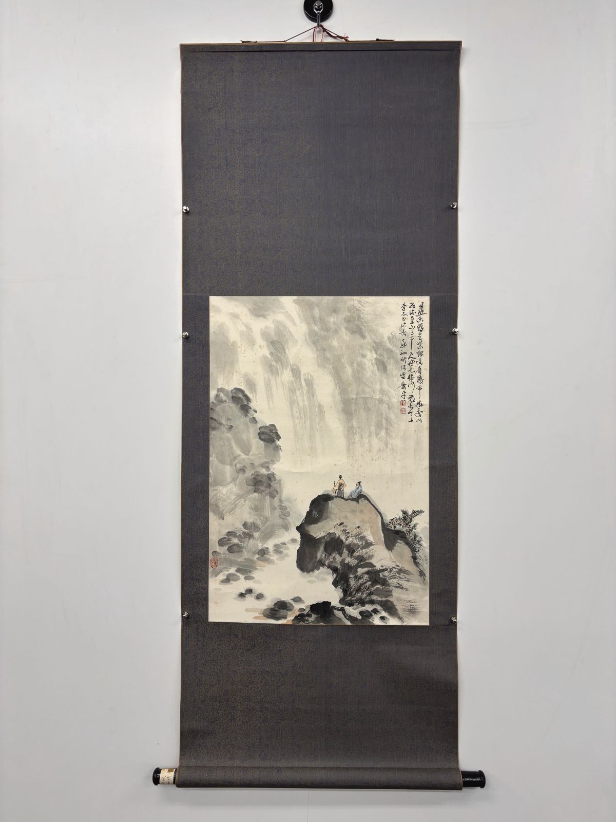 水墨画|掛軸 蕭平 観瀑図 | 中国近現代画家 丁卯初秋 設色紙本