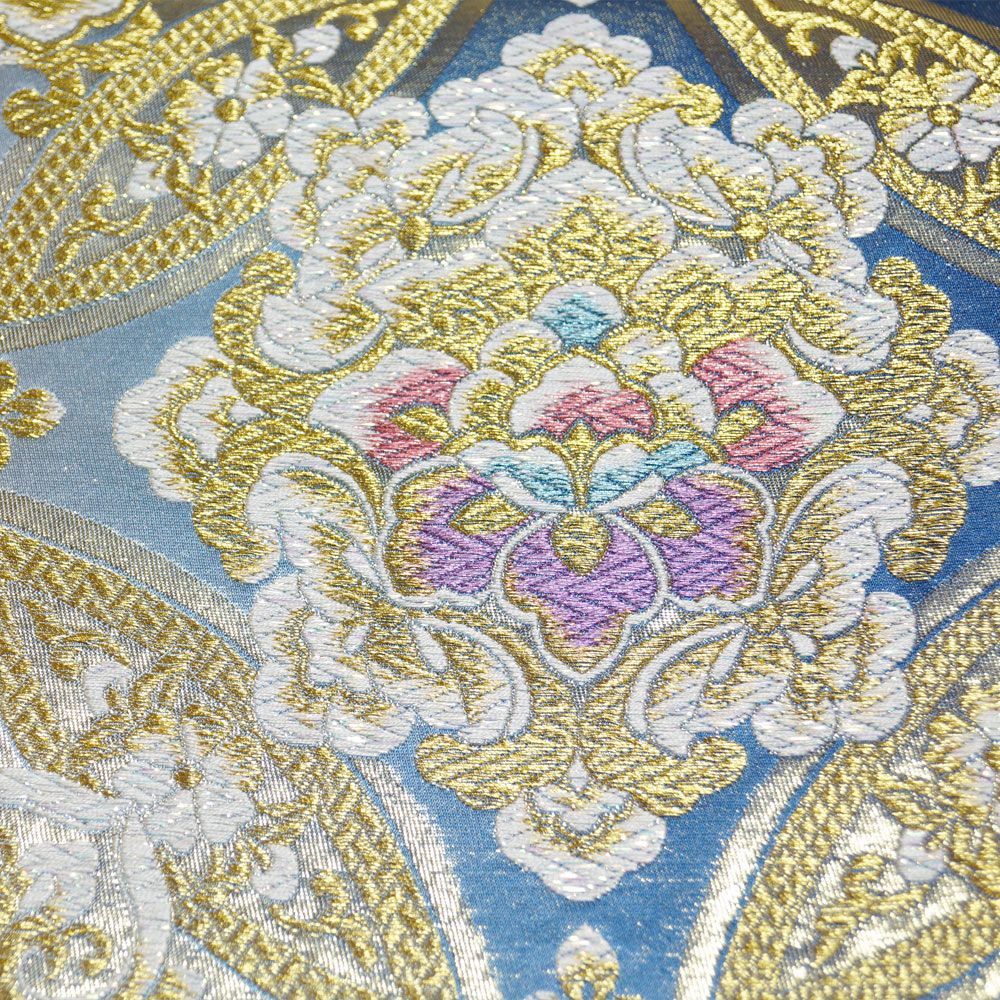 袋帯 振袖用 七宝に華文・唐花模様 振袖向き 金・ラメ糸 藍・紫色系