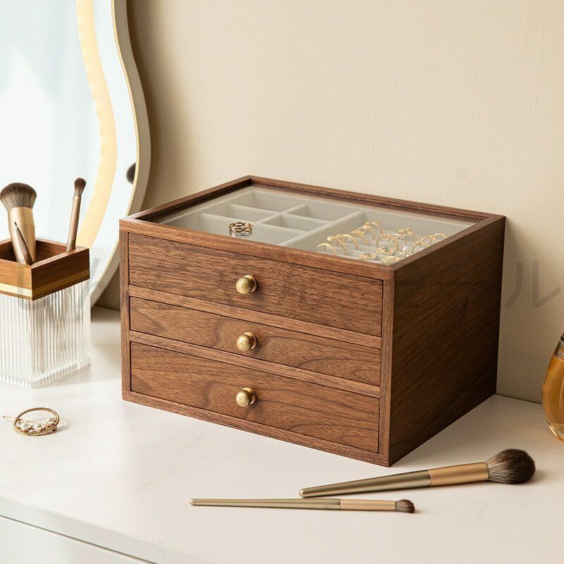 銘木 ジュエリーボックス アクセサリーケース 木製 仕切り調整 3段 大