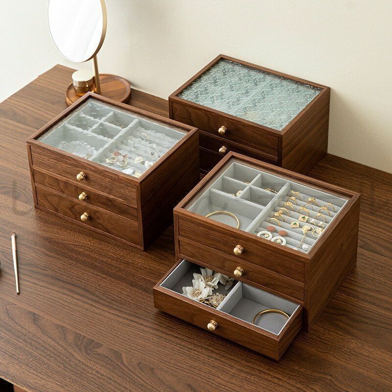 銘木 ジュエリーボックス アクセサリーケース 木製 仕切り調整 3段 大