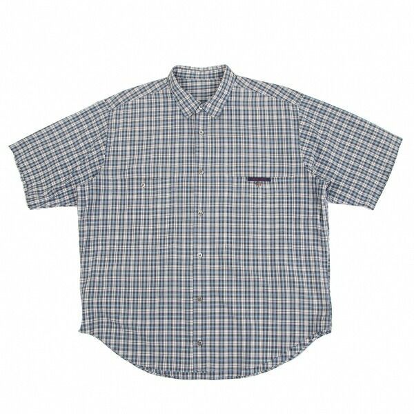 パパスPapas コットン格子チェック半袖シャツ 青白M