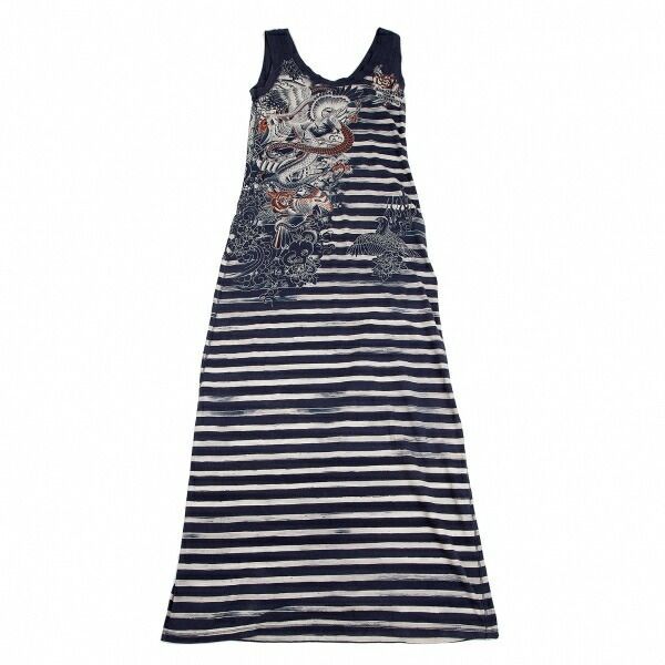 ジャンポールゴルチエ ソレイユJean Paul GAULTIER SOLEIL 龍プリントボーダーノースリーブワンピース 青白他M