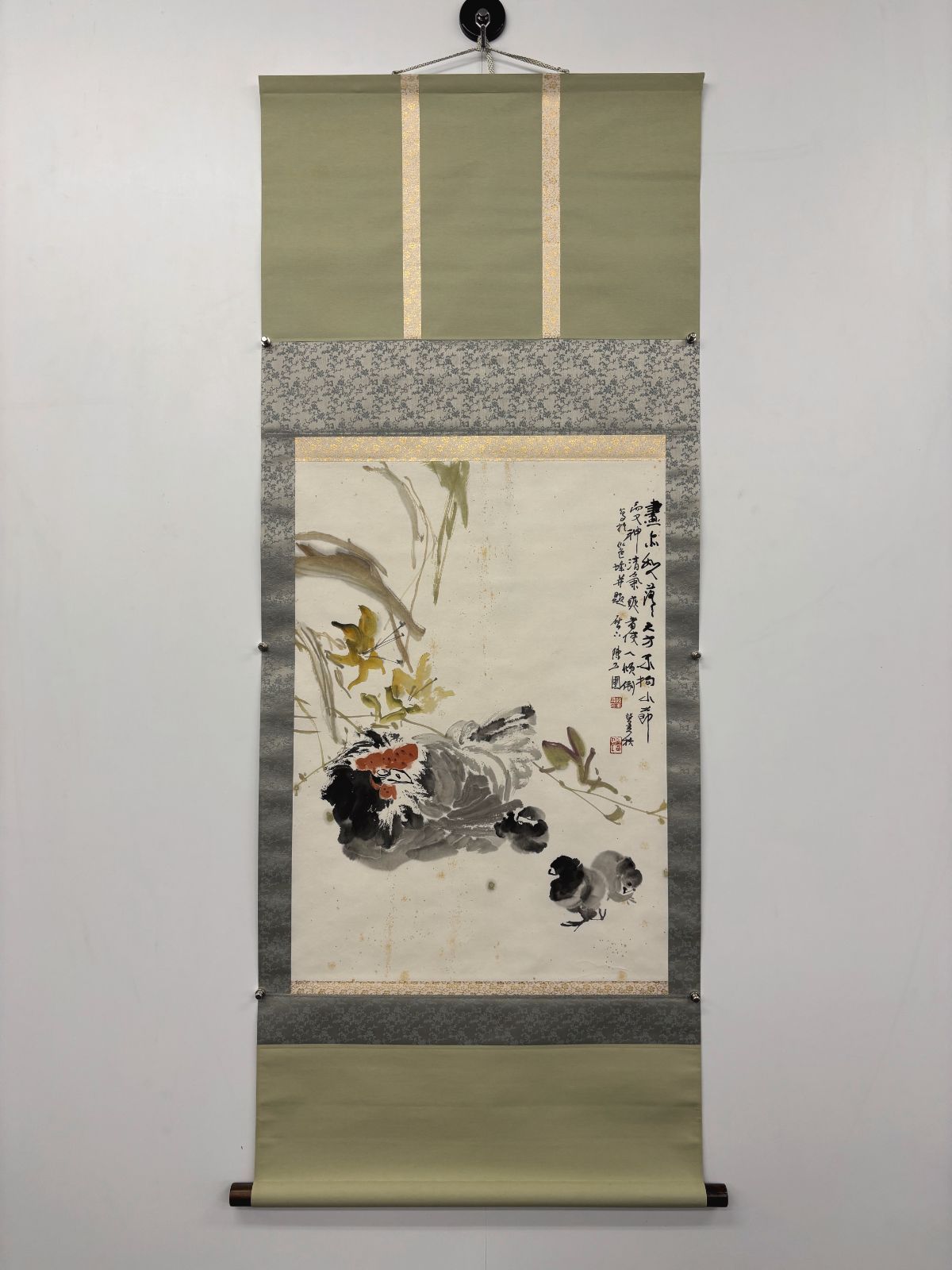 中国絵画|掛軸 陳玉圃 母子図 | 鶏の親子 設色紙本 中国画家