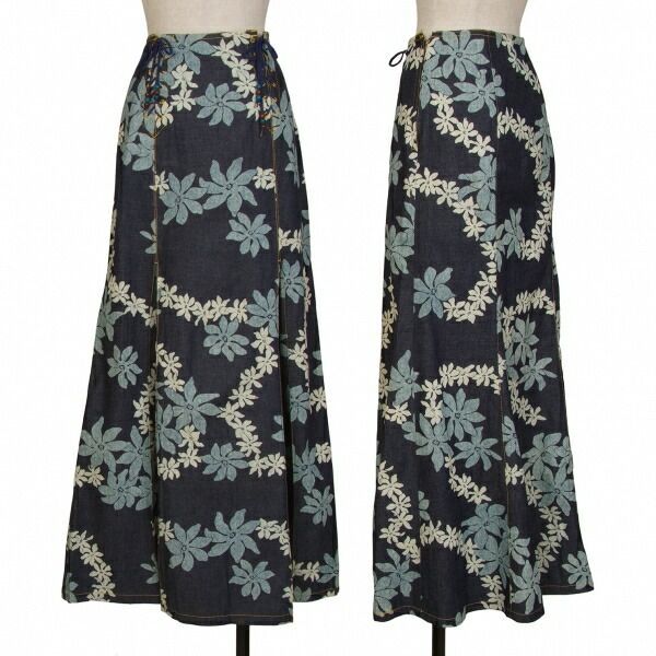 オゾンコミュニティOZONE COMMUNITY 抜染花柄デニムロングスカート 紺