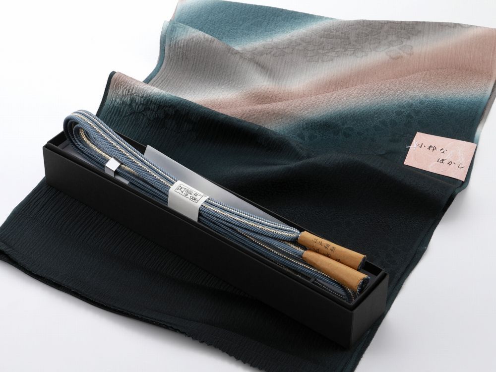 お洒落 江戸組紐 五嶋紐 正絹 帯締め ぼかし 帯揚げ 2点セット ダークグリーン系 go-141-61