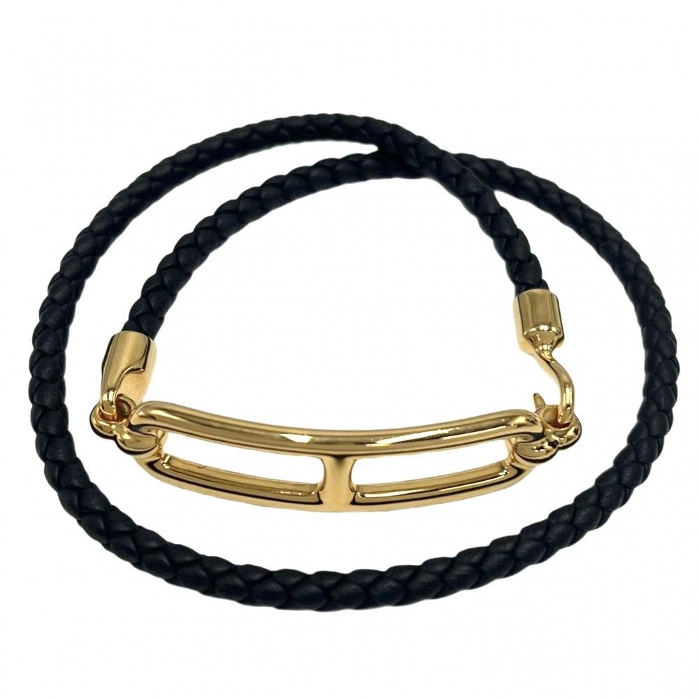 エルメス ブレスレット レディース ルリ ドゥブルトゥール アクセサリー HERMES レザー ブラック 黒 ゴールド 約10.1 g 品