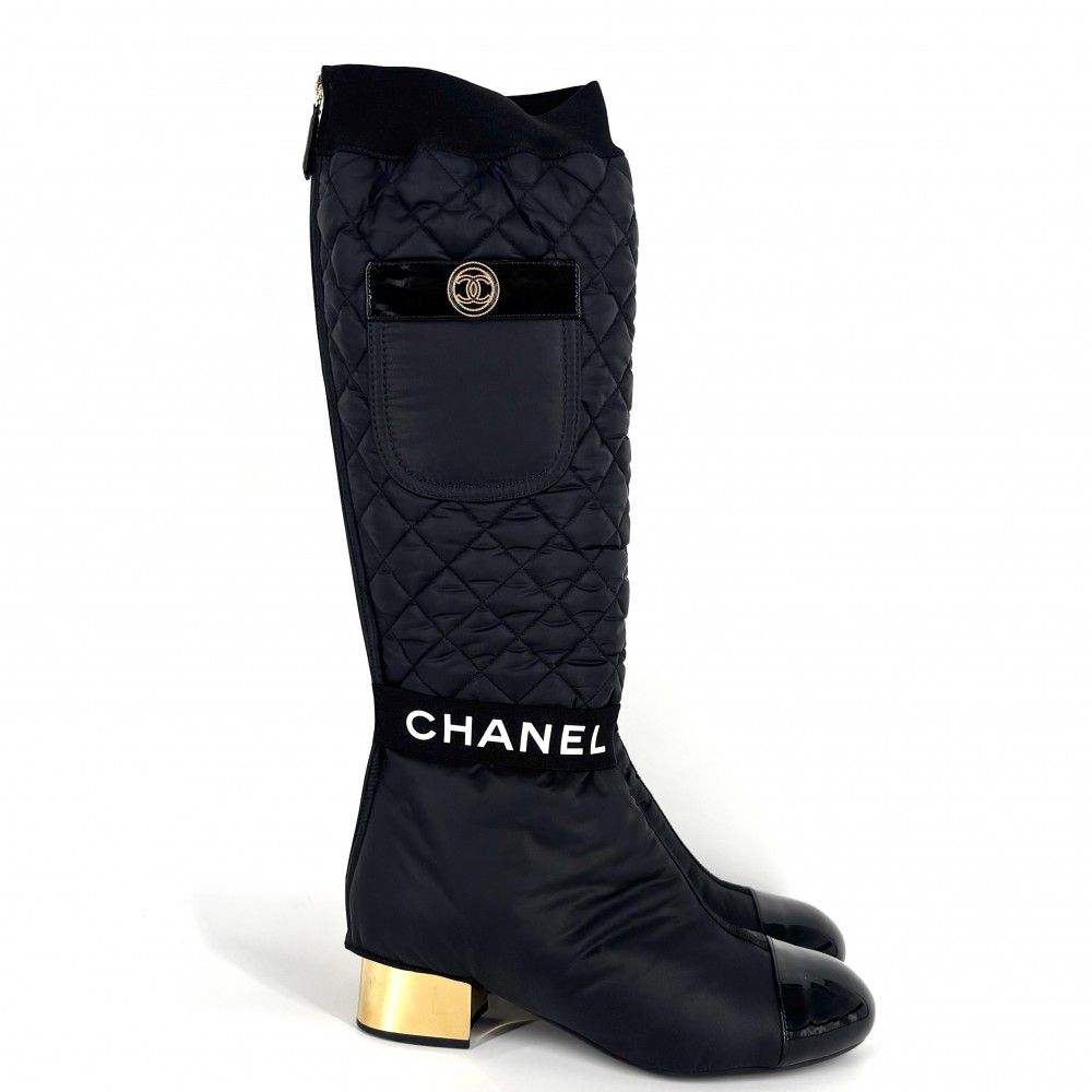 シャネル ブーツ レディース ココマーク ロングブーツ キルティング シューズ 靴 約25 cm 2 WAY CHANEL G 38428 レザー ナイロン ブラック 黒 ゴールド金具 冬 品