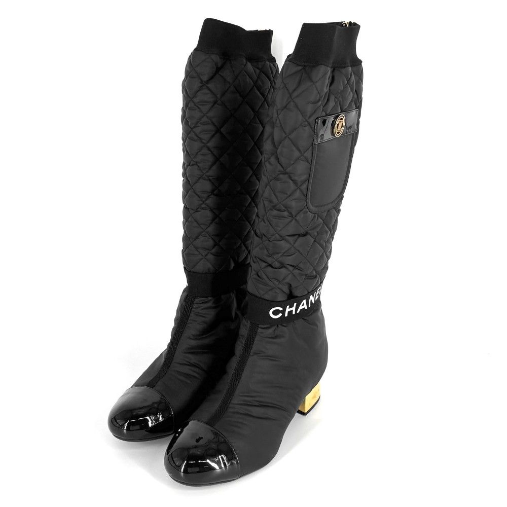 シャネル ブーツ レディース ココマーク ロングブーツ キルティング シューズ 靴 約25 cm 2 WAY CHANEL G 38428 レザー ナイロン ブラック 黒 ゴールド金具 冬 品