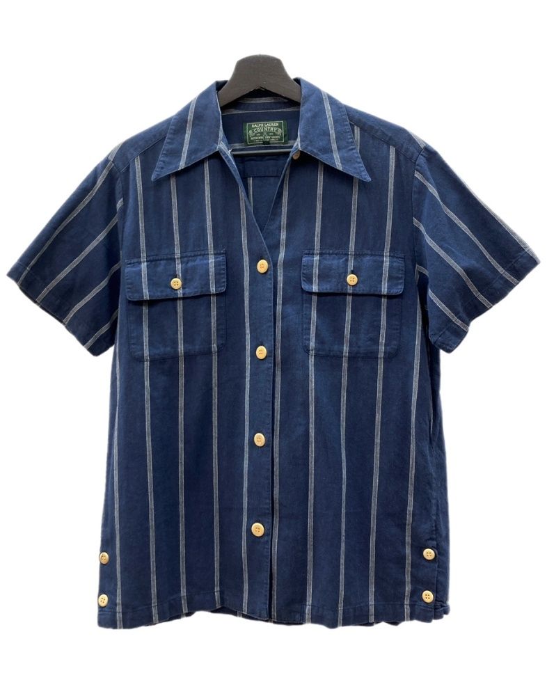 ラルフローレン RalphLauren COUNTRY 90 s STRIPE SHIRT ストライプ 半袖 シャツ フラップポケット インパクト21 紺 サイズ 7 半袖シャツ ネイビー 104 MT 2353