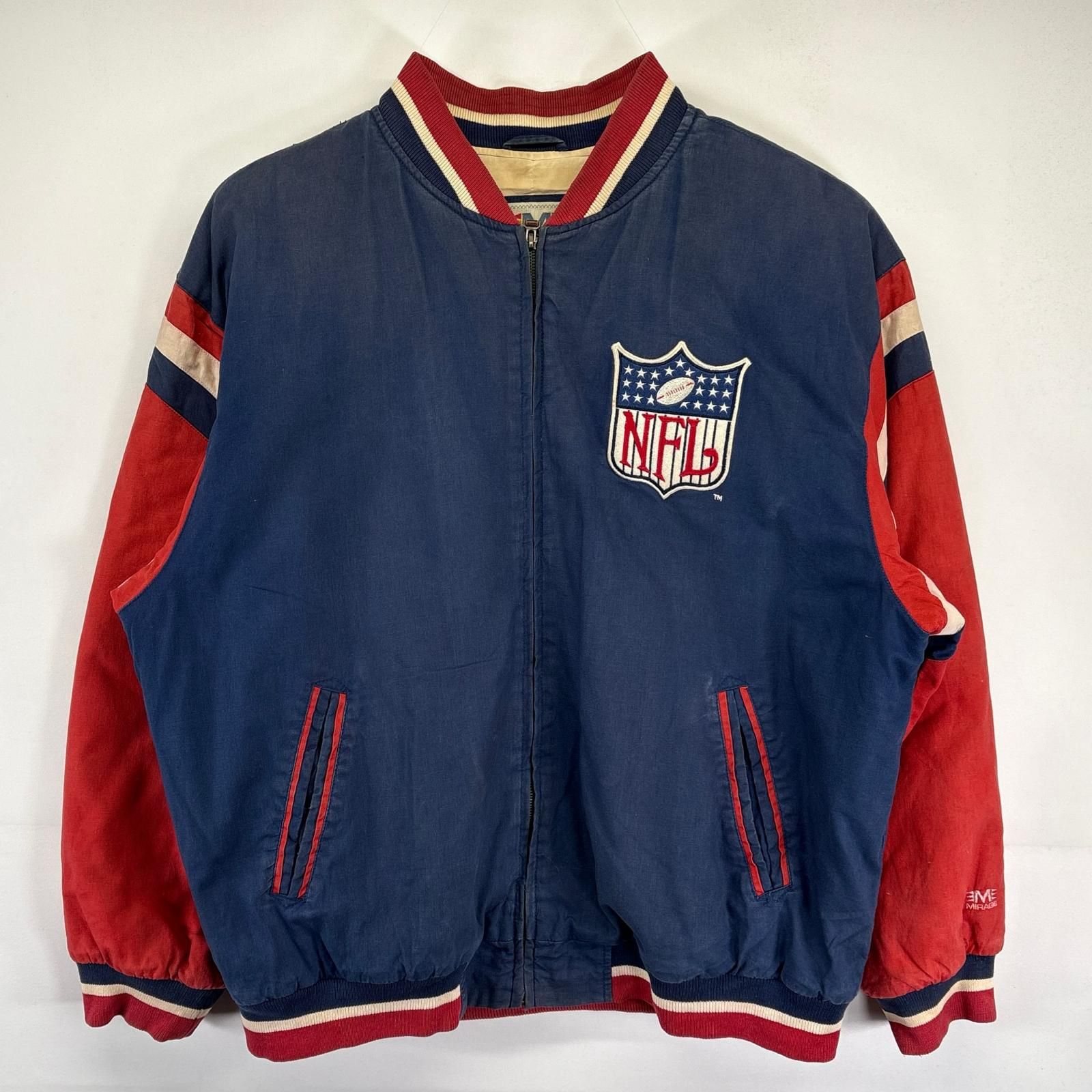 古着  MIRAGE スタジャン 大きいサイズ NFL ビックワッペンロゴデザイン 中綿 スポーツ チーム 裏地プリント 2XL  ネイビー メンズ 古着 MIRAGE スタジャン 大きいサイズ NFL ビックワッペンロゴデザイン