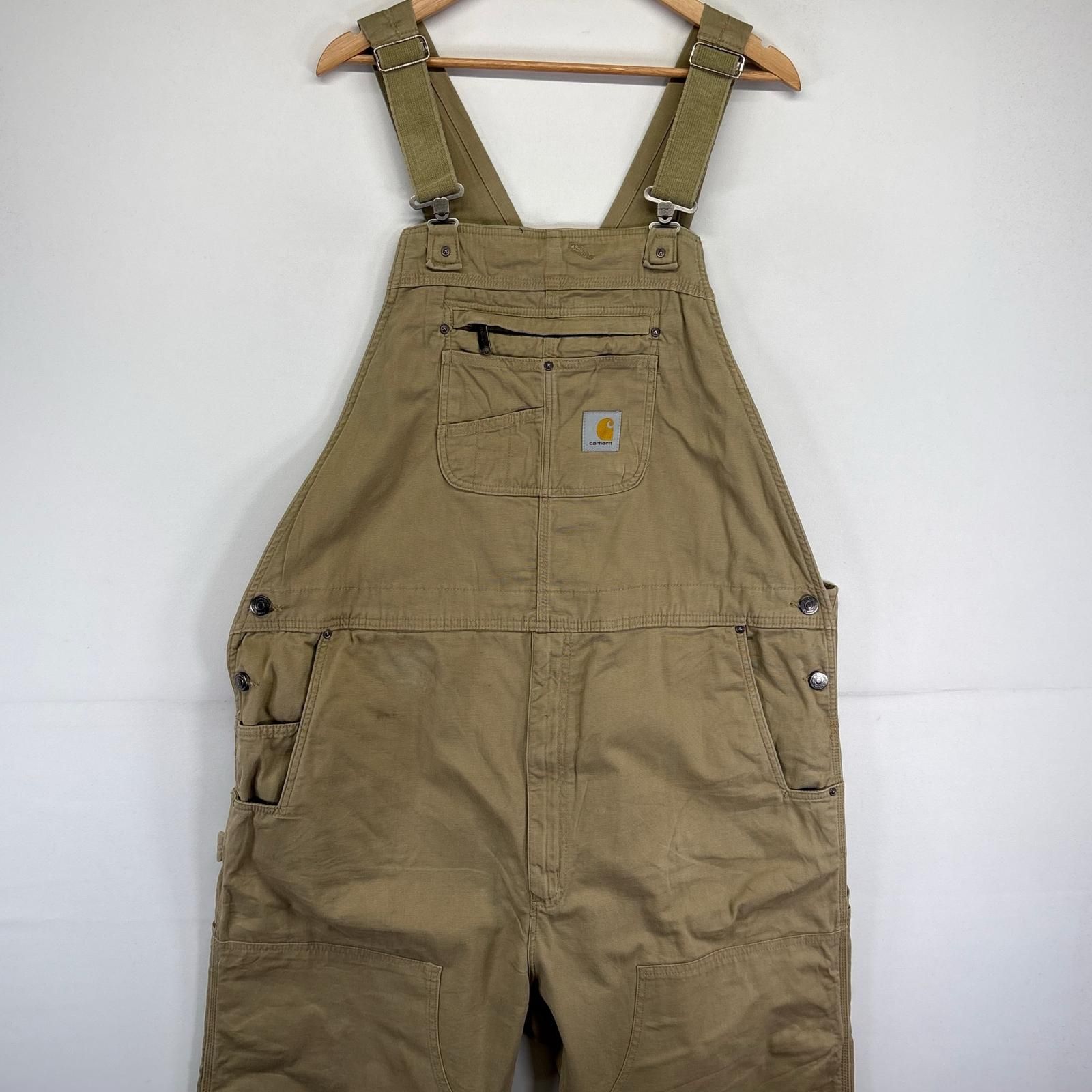 古着 カーハート Carhartt オーバーオール ダック ワンポイントロゴ 大きいサイズ ダブルニー ワーク w 44 L 34 ベージュ系 メンズ